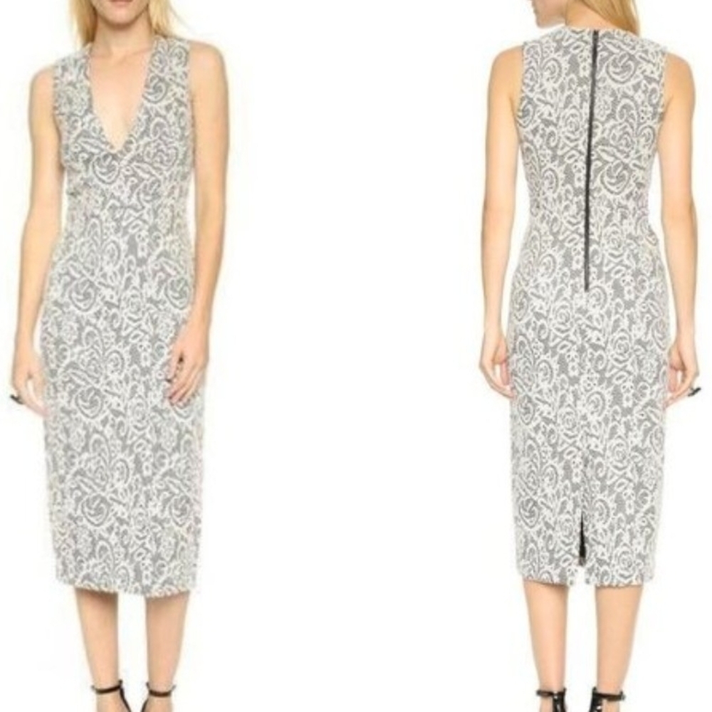 Pre-owned Alice+Olivia Lilia Lace Textured Plunge V Neck Midi Sheath Dress - Picture 6 of 16